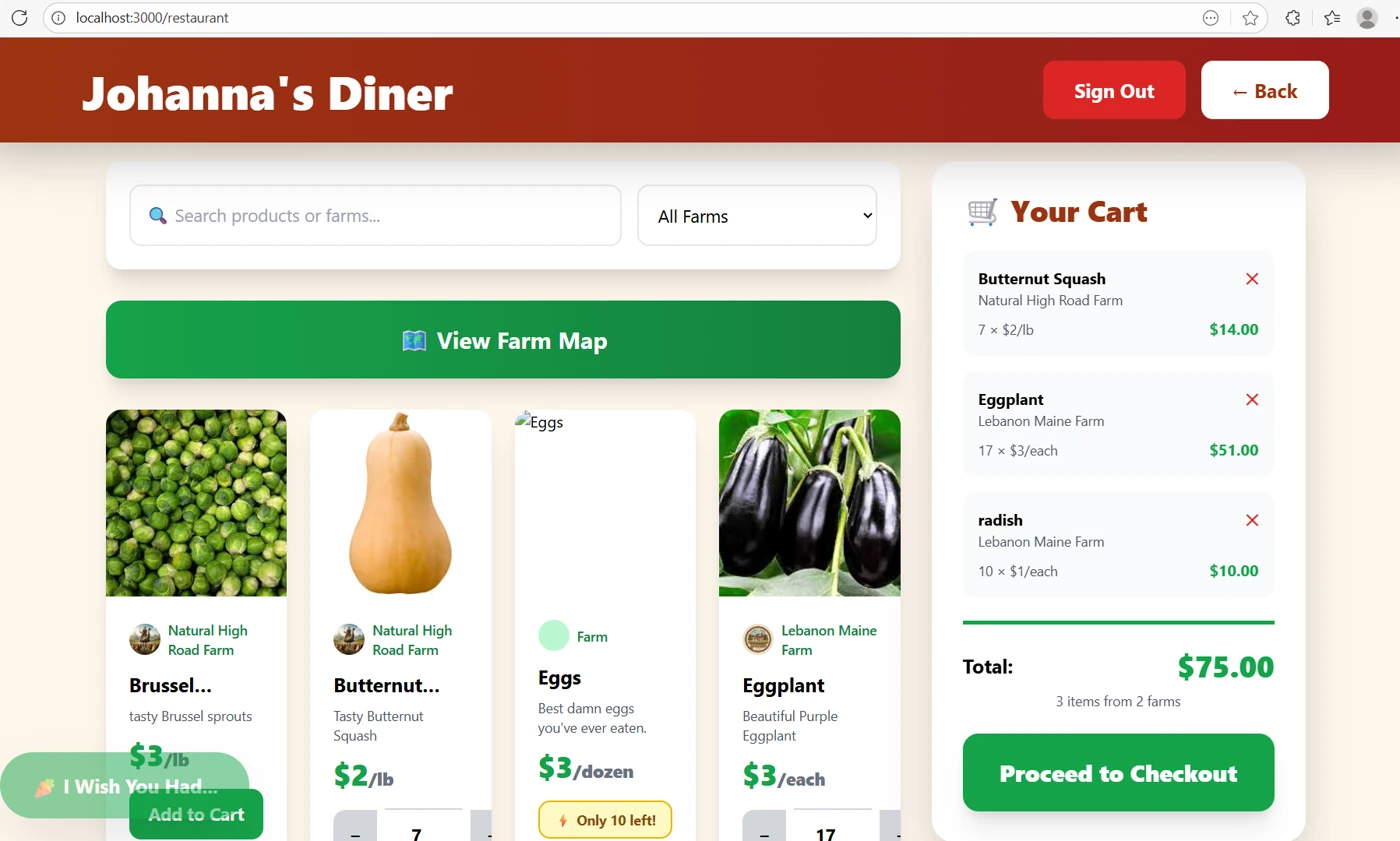 LiveStalks marketplace app showing local farm listings available to bakers and chefs