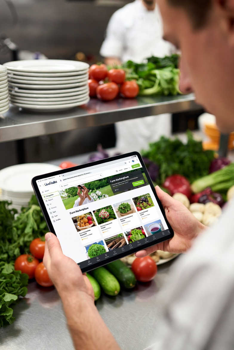 Chef using the LiveStalks marketplace app in a restaurant kitchen