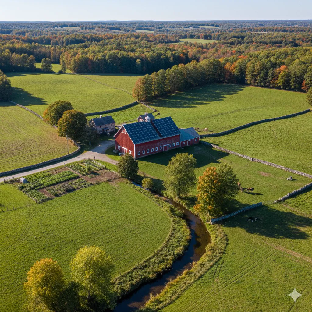 Aerial view of a sustainable local farm in Maine — fields and barn